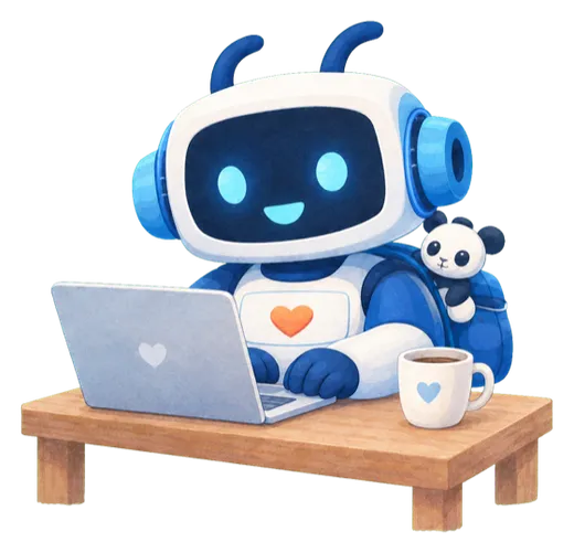 Tomo at a laptop with a cup of coffee