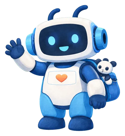 Tomo, a friendly blue robot, waving hello
