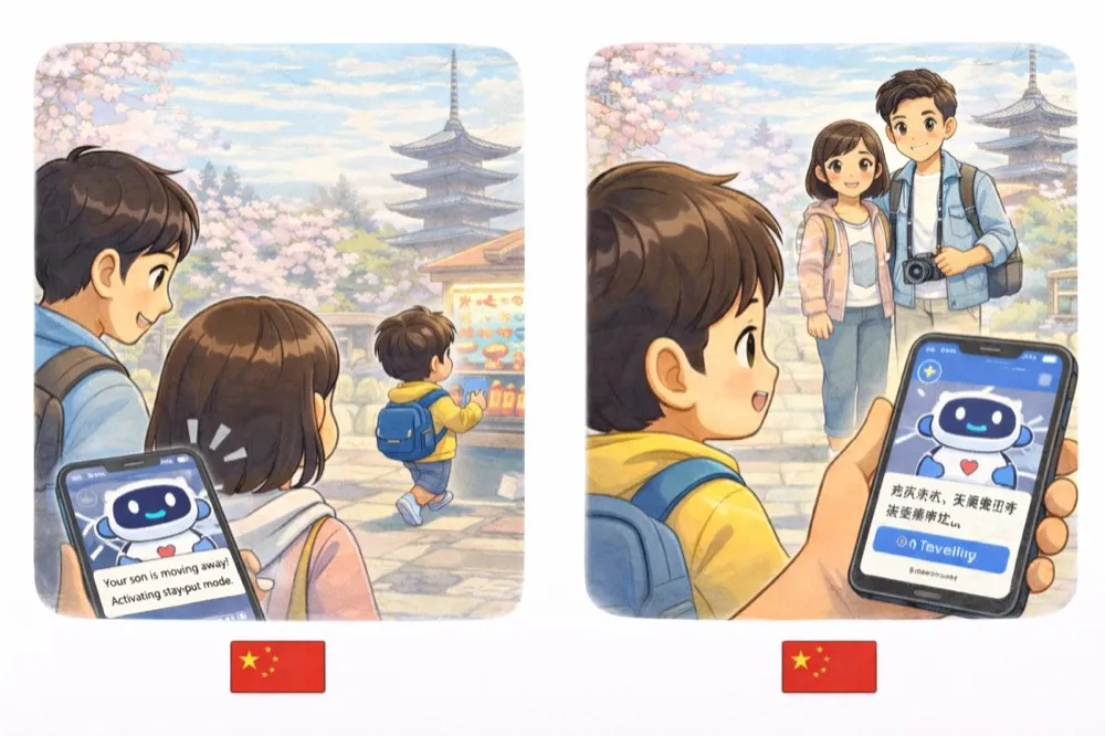 A child wandering towards a stall while a phone alerts the parents
