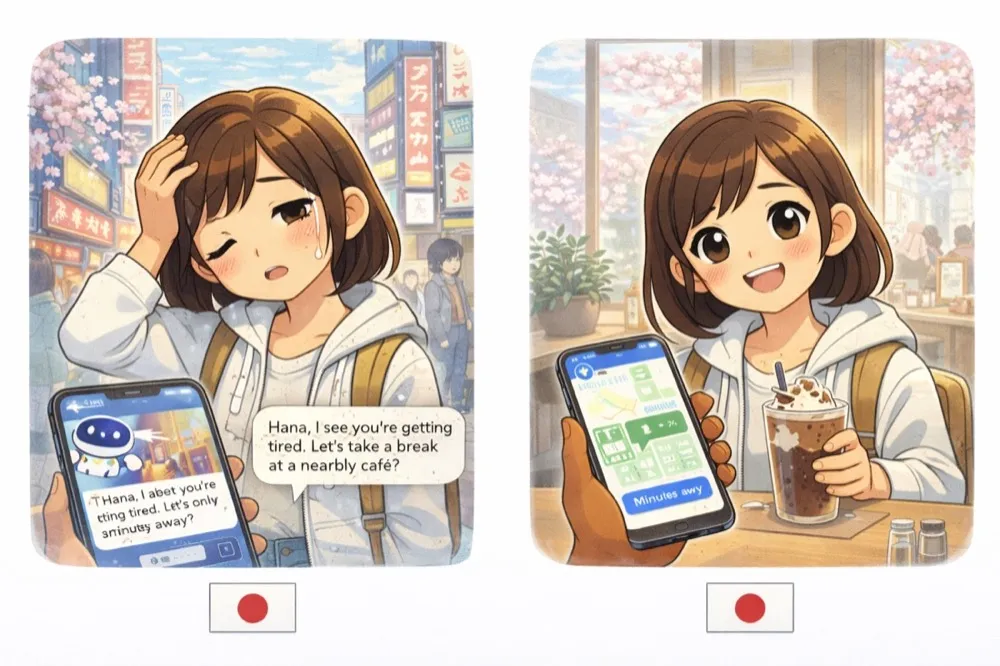 Hana tired and lost on a busy street, then relaxed in a café Tomo found for her