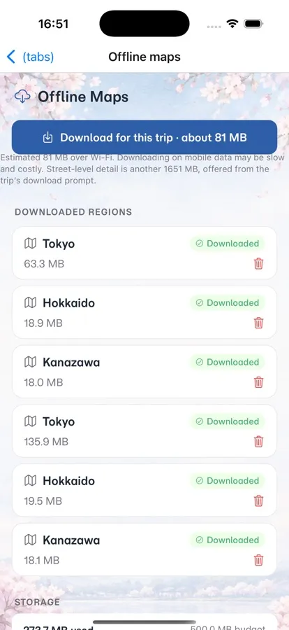 Offline maps screen with downloaded regions