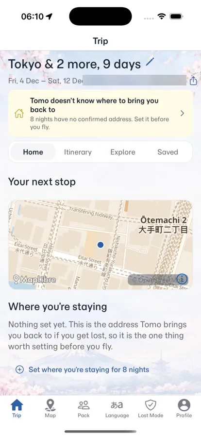 Trip screen: Tokyo and two more cities, nine days